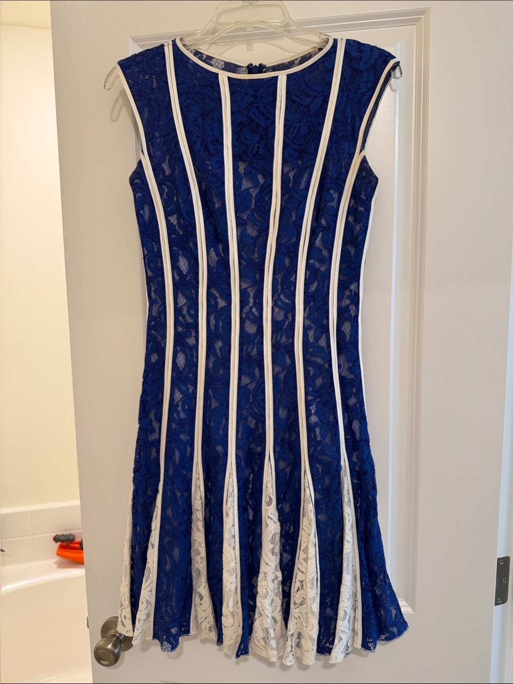 Tadashi Shoji Royal Blue Lace Fit-and-Flare Dress with White Trim